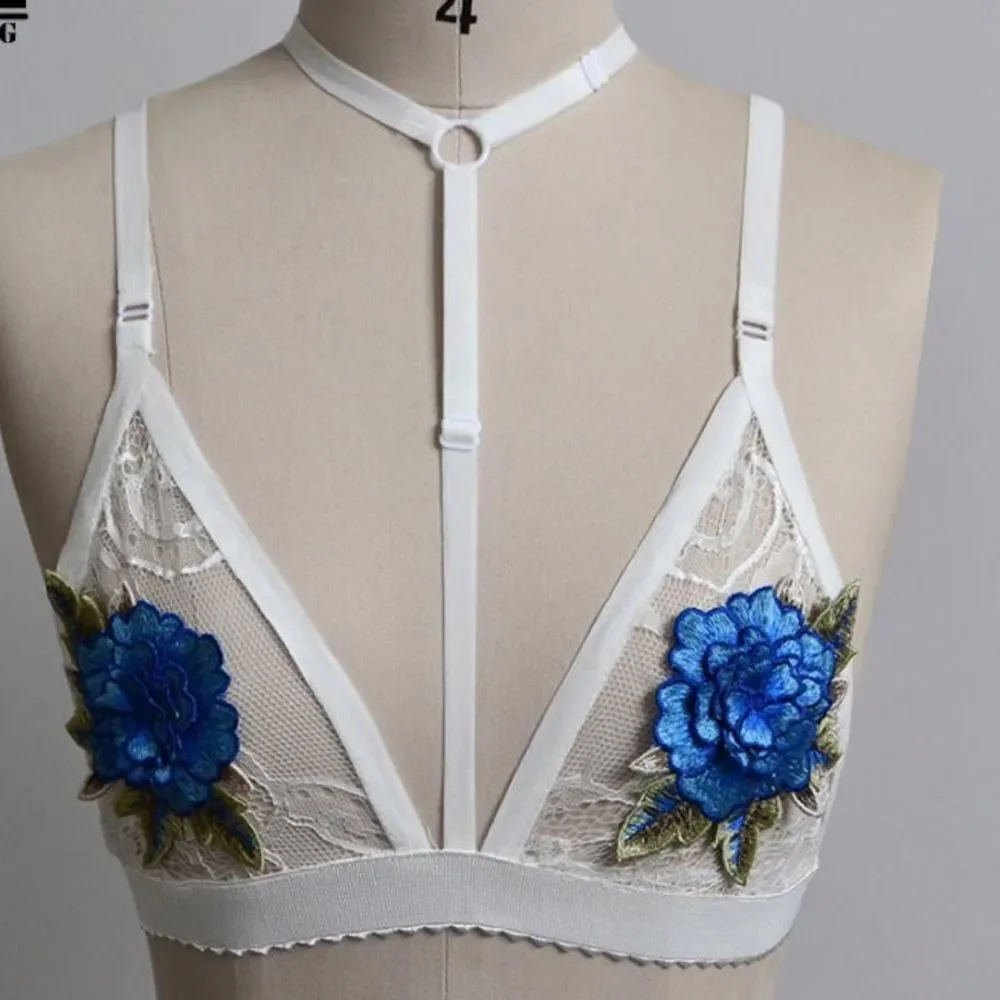 White Crop To Bra with Blue Flower - Picture 2 of 3